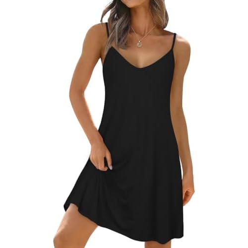 elescat Womens Summer Dresses Spaghetti Strap V Neck Casual Sleeveless Sundress Beach Cover Ups with Pockets Large Black