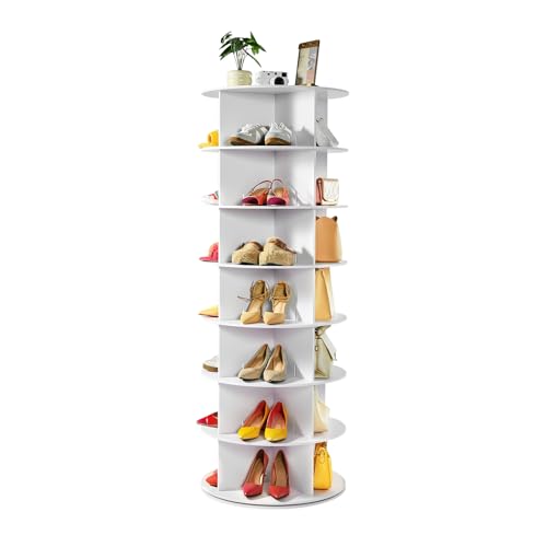 VEVOR 7 Tiers Rotating Shoe Rack Tower, 360° Spinning Shoe Rack, Revolving Storage Round Carousel Display, Freestanding Lazy Susan Organizer Display for Bedroom, Living Room, Entryway, Closet, White
