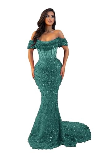 Elegant Prom Dresses for Women Off Shoulder Mermaid Long Sparkly Sequin High Waist Sexy Sheer Beaded Backless Long Formal Evening Party Dresses with Train Teal 12M MX573