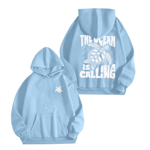 Image of Hoodies Jumpers for Women UK The Ocean is Calling Sweatshirts for Womens Sea Turtle Graphic Hoodies Casual Comfy Long Sleeve Pullover Jumpers Sky Blue