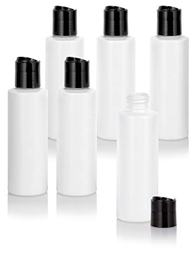 JUVITUS 4 oz / 120 ml White Plastic HDPE Refillable Cylinder Squeeze Bottle with Black Disc Cap (6 Pack)