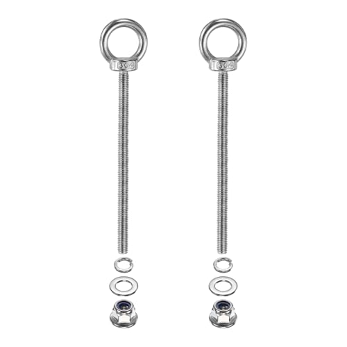 Image of PATIKIL M6 x 100mm Shoulder Eye Bolt, 2 Pcs 304 Stainless Steel Lifting Ring Threaded Eye Bolt with Flange Lock Nuts Spring and Flat Washers for Hanging Tie Down Straps Outdoor Indoor