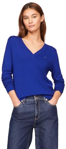 Tommy Hilfiger Suéter de ajuste regular con cuello en V con logotipo de la bandera para mujer, colección 2025, Rich Oxford azul marino, XL