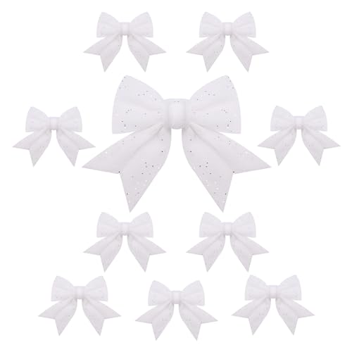 10 Stück Weihnachtsschleifen, Schleifen Weihnachtsbaum Weiß, Glitzer...