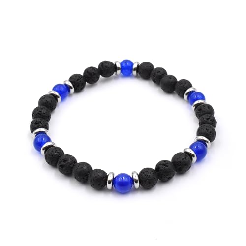 MARARDI Armband aus Natürlicher Vulkangesteinslava und Katzenauge Kobaltblau 6mm - Positive Energie, Emotionale Balance, Stressabbau, Verstellbar, Unisex