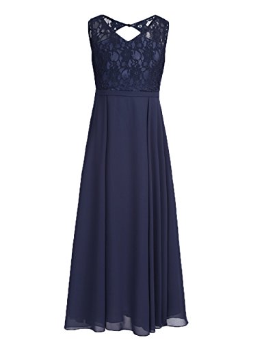 iiniim Maxi Robe Longue Enfant Fille Mariage en Dentelle Chiffon sans Manche Robe Noble pour Soirée Cérémonie Mariage Anniversaire Gown D'été 4-14 Ans Bleu Marine 12 Ans