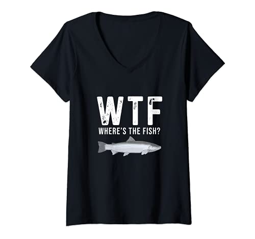 Mujer WTF Where's The Fish Funny Trout Fishing Regalos para hombres Camiseta Cuello V