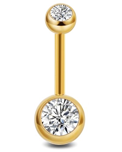 TPZORJX Piercing para ombligo (14 g, titanio, ombligo, bolas doradas, doble gema, joyas para mujer, hombre, 8, 10, 12, 14, 16 mm)