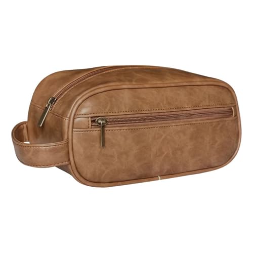 Borsa da Toilette per Donna e Uomo Beauty Case Impermeabili pelle PU e Accessori da Viaggio con Impugnatura Marrone