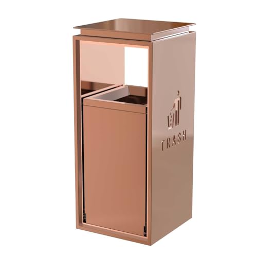 Image of Outdoor Trash Can with Lid, 51L /13.5 Gal-Lockable Commercial Trash Can with Nature Stone Panels, Heavy-Duty Rustproof Metal Garbage Can with Removable Liner for Parks & Public Spaces (Gold, flat)