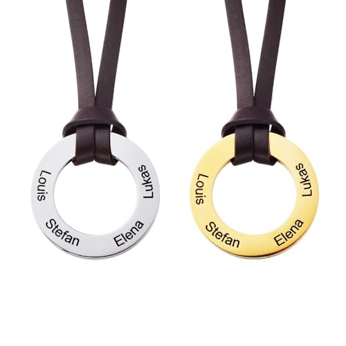 AILIN Custom Engraved Round Necklace For Men Sterling Silver 925/Stainless Steel Circle Personalized 1-4 Family Name Necklace with Leather Strap Birthday Gifts For Dad Father Grandpa Son