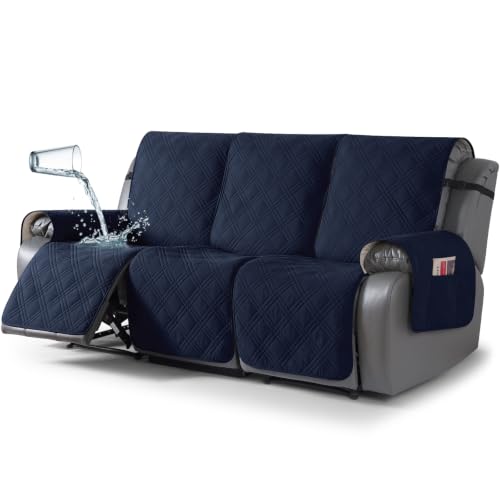 Image of TAOCOCO Waterproof Recliner Sofa Cover Non Slip for Reclining Couch 3 Seat | 100% Waterproof & Washable Split Couch Cover for Dogs & Pets, 3-Piece Recliner Chair Covers with Straps & Pockets, Dark Blue