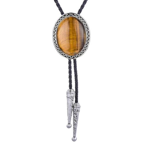 Image of GelConnie Bolo Tie for Men Women Western Cowboy Turquoise Leather Necktie | Natural Stone Bolo Tie Necklace for Women Rodeo Cowboy Leather Necktie Native American Western Cowgirl Ties Adjustable Cord
