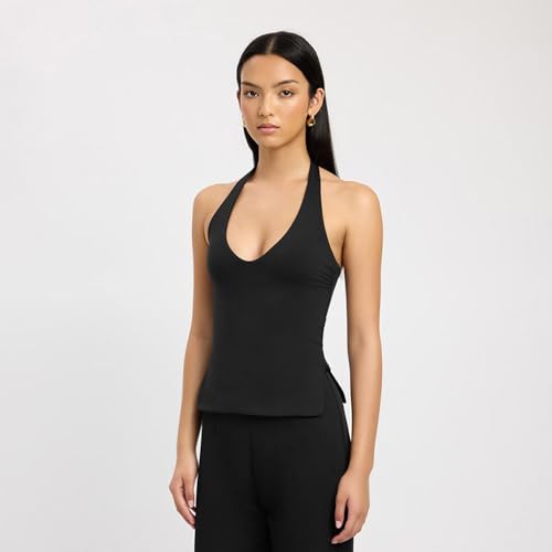 Women's casual sexy sleeveless T-shirt slim fit hanging collar V-neck backless vest popular street low neck top3