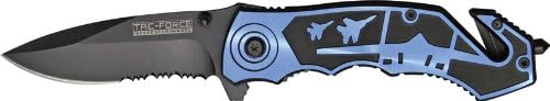 Tac Force Knives 671BL Part Serrated Airplane Speed Assisted Rescue Linerlock Knife with Blue Aluminum Trim Black Aluminum Handles