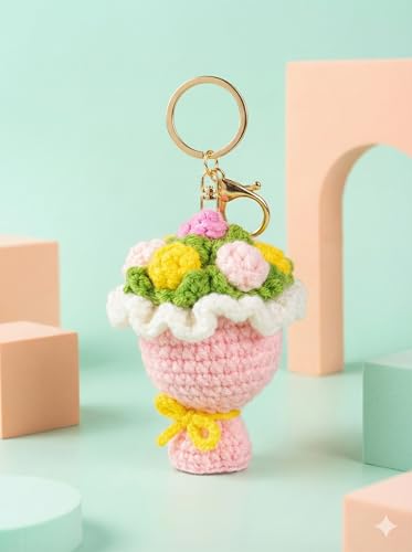 Image of Handmade Crochet Flower Keychain for Bags Keys Purse Backpack Cute Aesthetic Yarn Keyring Bag Charm Handmade Soft Thread Flower Keychain for Girls Women Kids Gifting and Daily Use