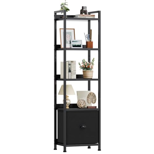 Image of DUMOS 5 Tier Bookshelf with Fabric Drawer, Tall Industrial Bookcase, Narrow Display Standing Shelf, Black Wood and Metal Storage Shelf Organizer in Bedroom, Living Room, Black