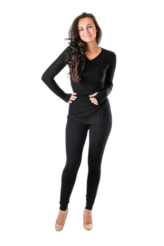 Ensemble de survêtement sexy femme tricot côtelé noir manches longues taille 44