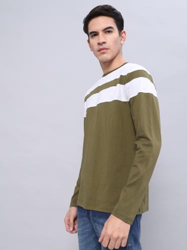 Image of THE DRY STATE Turquoise Blue Cotton Round Neck Full Sleeve Casual T-Shirt for Men