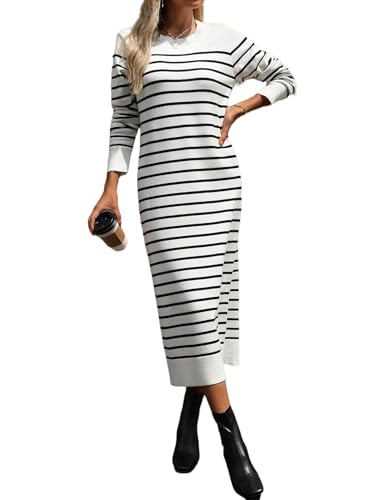 Image of Long Sweater Dress for Women Loose Knitwear Striped Long Dresses Stylish Autumn and Winter Outfits