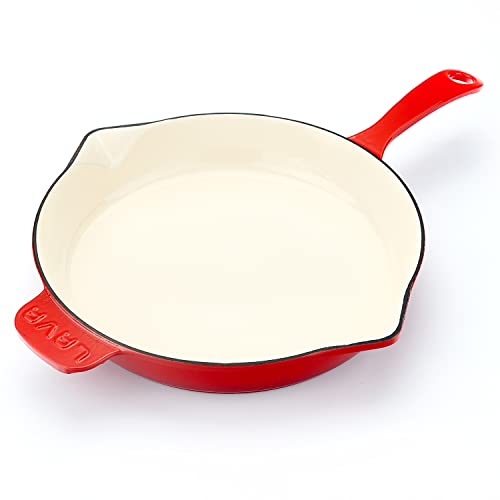 Lava Enameled Cast Iron Ceramic Skillet with Side Drip Spouts - 11 inch Round Frying Pan with White Ceramic Enamel Coated Interior - Edition Series (Red) Lava Enameled Cast Iron Ceramic Skillet with Side Drip Spouts - 11 inch Round Frying Pan with White Ceramic Enamel Coated Interior - Edition Series (Red)