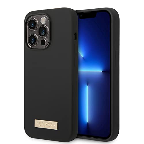 GUESS GUHMP14LSBPLK Coque Telephone de Protection pour iPhone 14 Pro 6,1'' Noir Coque Rigide en Silicone Logo Plaque