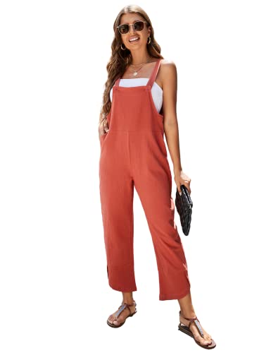 Puwei Womens Cotton Adjustable Bib Overalls Casual Wide Leg Baggy Jumpsuit With Pockets(2209-Red-L) #TOP15