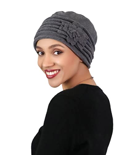 Womens Hat Luxury Fleece Beanie Cloche Cancer Headwear Chemo Cap Ladies Winter Head Coverings Lauren (Grey)