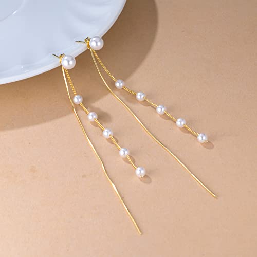 SLUYNZ Solid 925 Sterling Silver Simulated Shell Pearl Dangle Earrings for Women Teens - Elegant Long Chain Tassel Wedding Earrings3