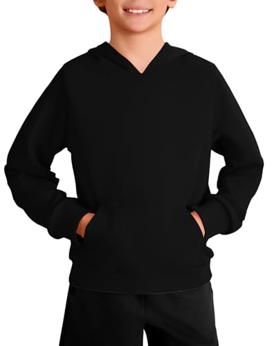 Haloumoning Camisola com capuz para menino de manga comprida na moda para crianças, monocromático, casual, corte regular, camisola com capuz com bolso canguru, 5-14 anos, Preto