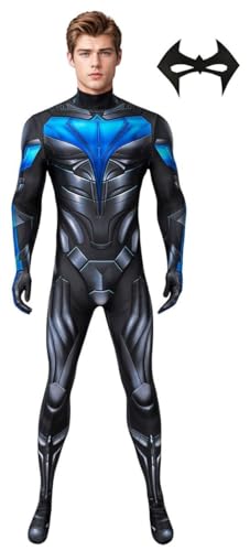 Halloween Mens Black and Blue Suit Full Body Compression Athletic Bodysuit Jumpsuit Zentai Onesie Outfit Spandex for Adult