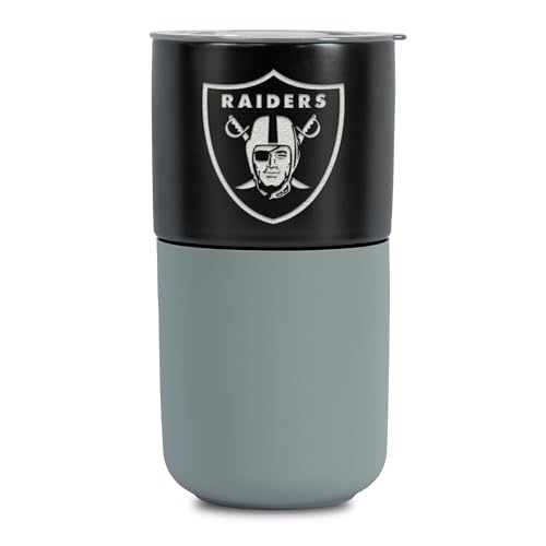 Rico Industries NFL Las Vegas Raiders 16 oz Ceramic Tumbler with Silicone Grip, Deep Laser Engraved, Black and Gray Design with Slide Lid, Travel Coffee Mug, Dishwasher Safe, Matte Glaze