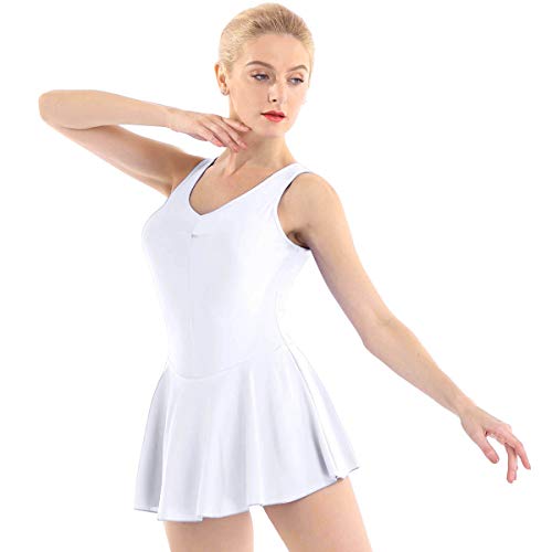 dPois Women Adult Sleeveless Ruched V-Neck with Built-in Leotard Ballet Skating Tutu Dancewear