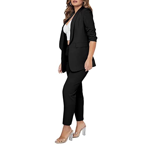 Women Sexy 2 Piece Outfits Shawl Neck Open Front 3/4 Sleeve Blazer Pants Set Elegant Offiec Business Suit For Work Black S #TOP2