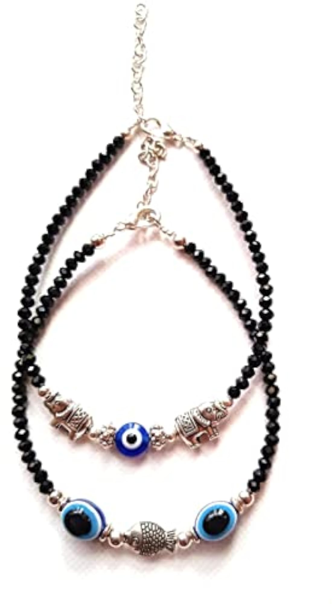 Combo Metal Silver Fish & Elephant Blue Evil Eye Anklet