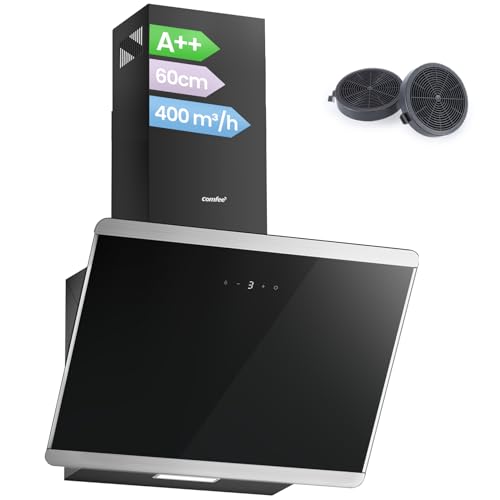 COMFEE' 60cm Angled Cooker Hood Class A++ Tempered Glass Extractor Hood with Touch Screen, LED and Recirculating & Ducting System Wall Mounted Extractor Fan kitchen, Black