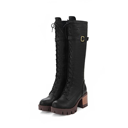 MFairy Women's Lace-Up Strappy Knee High Combat Stacked Heel Boot