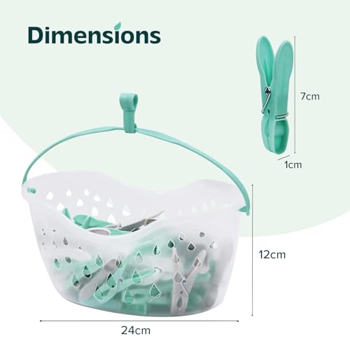 Flatro 36 Pegs for Washing Line with Hanging Basket | Heavy Duty Clothes Pegs Basket with Drainage Holes | Plastic Washing Pegs Basket for Rotary Line with a Hook on the Handle - Image 2