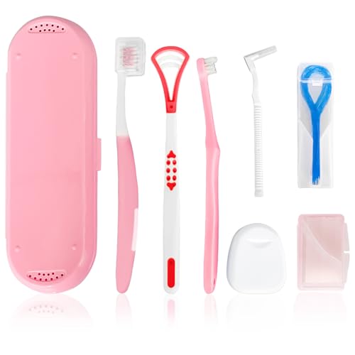 7-in-1 Travel Oral Care Kit with Case Toothbrush Tongue Scraper Wisdom Toothbrush Dental Floss Floss Threaders Interdental Brush Dental Wax Portable Hygiene Set for Daily Use Travel (Pink)