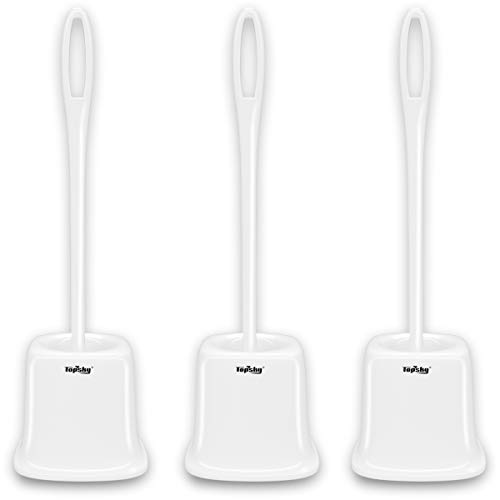TOPSKY 3 Pack Toilet Brushes with Holder Set, Compact Toilet Bowl Brush Cleaner with Storage Caddy Long Handle Stiff Bristles Brush, White (Cube Bowl)