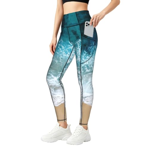 Pantalones de yoga sin transparencias mallas con estampado de olas elásticas y con bolsillos