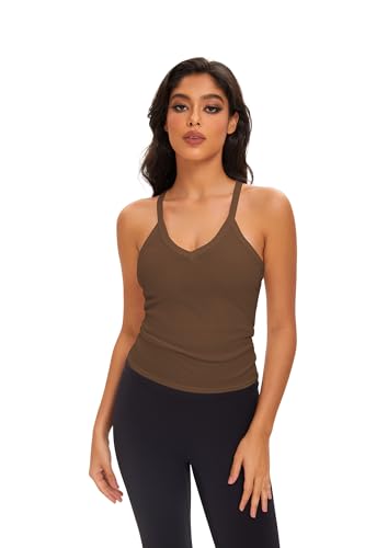 Cioatin Camiseta corta sin mangas con cuello en V para mujer, espalda cruzada, camiseta de entrenamiento, ajustada, acanalada, para gimnasio, verano, salir, Marrón café, M