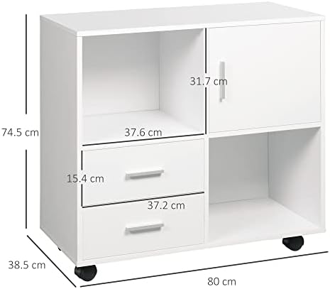 Vinsetto Printer Stand with Wheels, Mobile Printer Table with Open Shelves, Drawers and Enclosed Compartment for Home Office, White