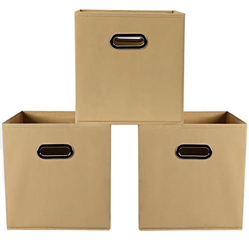 Yunkeeper Storage Bins Cubes, Fabric Cube Organizer with Handle, Foldable Cube Bins for Cloth or Accessary Storage, 11x11x11, Set of 3, Khaki