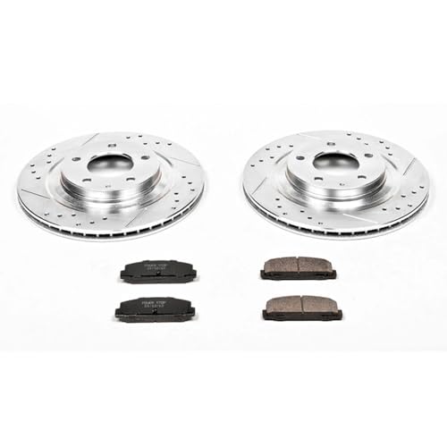 Image of PowerStop Rear Brake Kit for Mazda RX-7 1993-95 - Drilled and Slotted Disc Rotors with Carbon-Fiber Ceramic Brake Pads Replacement, K4835