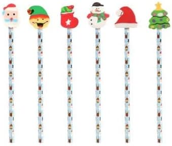 Sparkles Partyware Christmas Themed Pencils with Rubber Xmas - Novelty Festive Designs Gift Party Bag Erasers Santa Elf Snowman Tree Stocking Filler