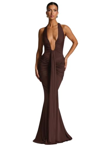 2025 Elegant Classy Maxi Halter Dresses for Women Sexy V-Neck Backless Pleated Bodycon Floor Length Flowy Clothes