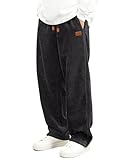HMIYA Cord Hose Herren Chinohose Regular Weites Bein Hosen Mode Freizeithose Baumwolle Elastische Taillemit Taschen,Schwarz,M
