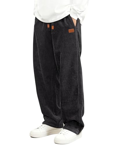 HMIYA Cord Hose Herren Chinohose Regular Weites Bein Hosen Mode Freizeithose Baumwolle Elastische Taillemit Taschen,Schwarz,M