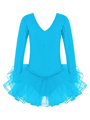 easyforever Toddler Girls V Neck Long Sleeve Ballet Leotards Dance Mesh Tutu Skirted Ballerina Outfits Dance wear Lake Blue 3-4 Years